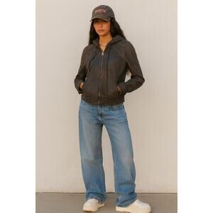 Vintage Mike & Chris Distressed Leather Gray Grey Fitted Jacket Hooded Small